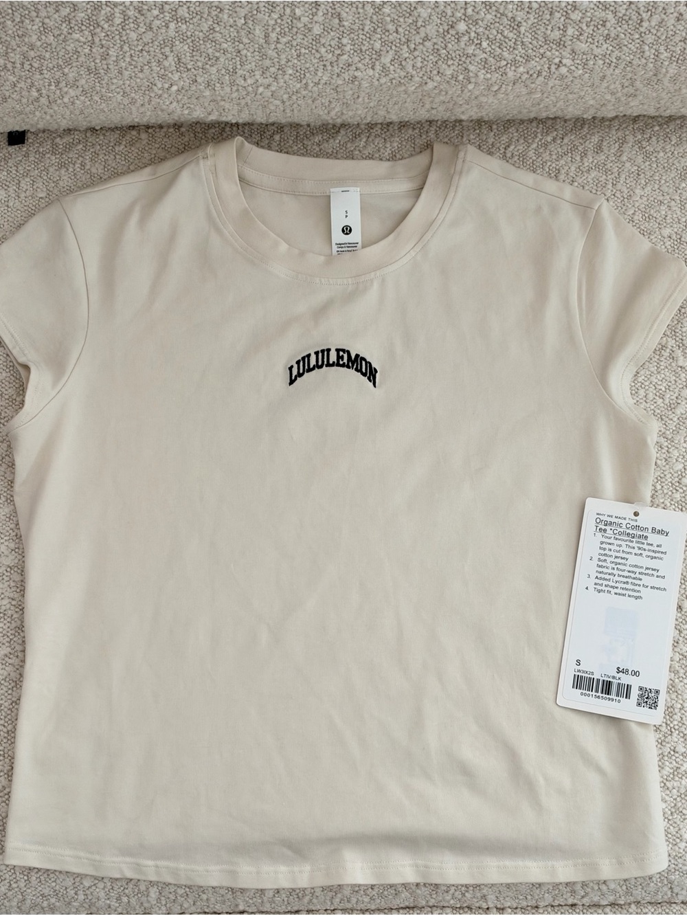 Lululemon organic cotton baby tee- Light Cream with Black Logo
